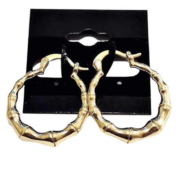 1 1/8 Inch 27mm Bamboo Hoop Pierced Post Earrings Gold Tone - Picture 3 of 4